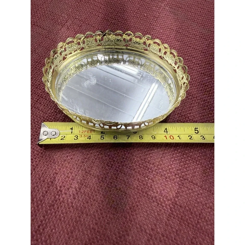 Filigree Brass Oval 4in Mirror Vanity Tray Mid-Century Vintage‎